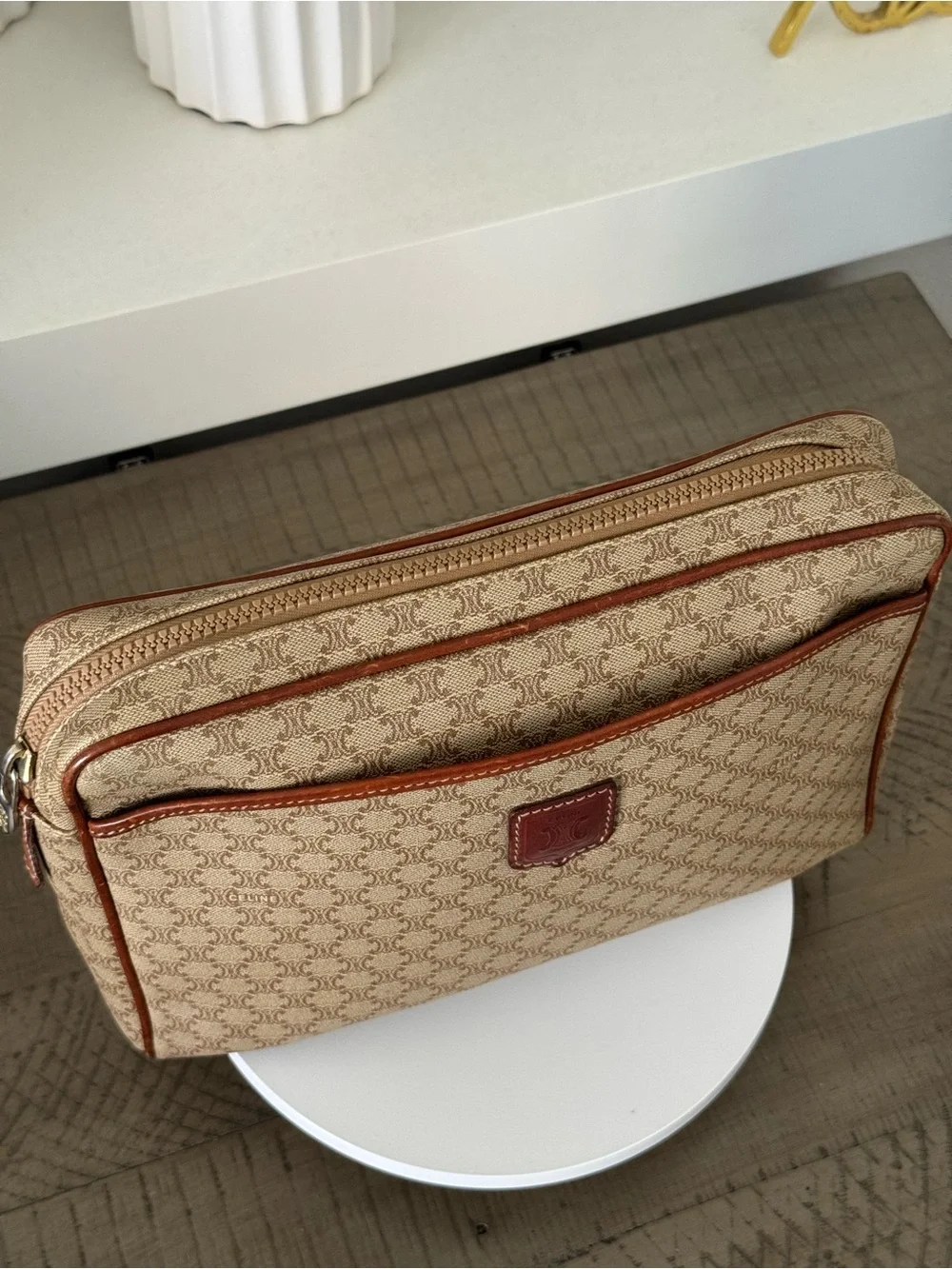 Celine Macadam Monogram Travel Pouch Cosmetic Case Clutch Beige Brown-Vintage